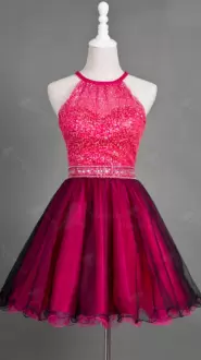 Mini Length A-line Sleeveless Red and Fuchsia Prom Dresses Backless