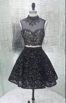 Elegant Black Two Piece Sleeveless Mini Length Prom Party Dress with Silver Beading