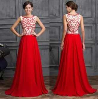 Red and White Scoop Chiffon Evening Dress Beaded Top Side Zipper