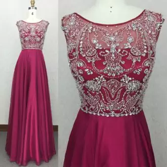 Pretty Fuchsia Empire Scoop Sleeveless Beading Floor Length Prom Homecoming Dress