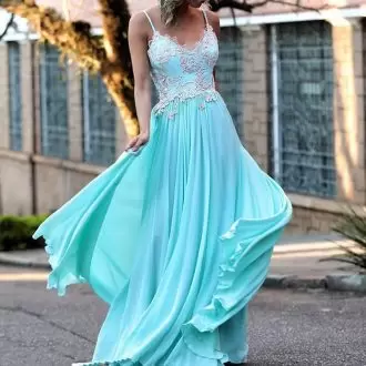 Admirable Aqua Blue Prom Dresses Spaghetti Straps Sleeveless Sweep Train Zipper