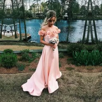 Pink Sleeveless Brush Train Hand Made Flower Floor Length Prom Gown