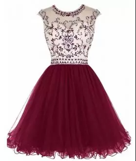 Enchanting High-neck Sleeveless Homecoming Dress Online Mini Length Beading Burgundy Tulle