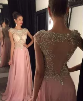 Floor Length Pink Dress for Prom Scoop Cap Sleeves Side Zipper