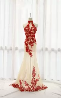 Inexpensive Red Sleeveless Satin and Tulle Sweep Train Lace Up Prom Gown for Prom and Party and Wedding Party