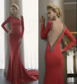 Inexpensive Red Asymmetric Neckline Beading Prom Party Dress Long Sleeves Backless