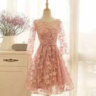 Attractive Knee Length Pink Junior Homecoming Dress Lace Long Sleeves Appliques