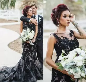 Lace Up Evening Wear Black for Prom and Party with Lace Brush Train