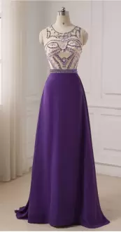 Purple Chiffon Side Zipper Prom Dresses Sleeveless Floor Length Sweep Train Beading