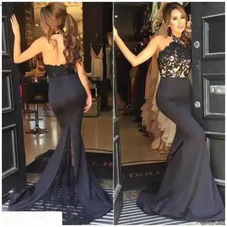 Flare Black Mermaid Satin and Organza Sweetheart Sleeveless Beading and Lace Floor Length Backless Dress for Prom Sweep Train