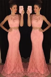 Simple Peach Dress for Prom Prom and Party with Beading and Lace Sweetheart Sleeveless Sweep Train Lace Up