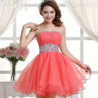 Dramatic Pink A-line Beading and Ruching Prom Dresses Zipper Tulle Sleeveless Mini Length