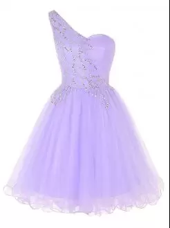 Lavender Sleeveless Mini Length Beading and Ruching Zipper Prom Gown One Shoulder
