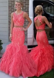 Hot Sale Tulle Sleeveless With Train Prom Evening Gown Sweep Train and Beading and Appliques and Ruffles