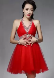 Elegant Mini Length Red Dress for Prom Tulle Sleeveless Beading