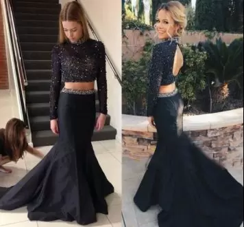 Vintage Black Two Pieces Sweetheart Sleeveless Satin Floor Length Sweep Train Lace Up Beading and Lace Prom Dresses
