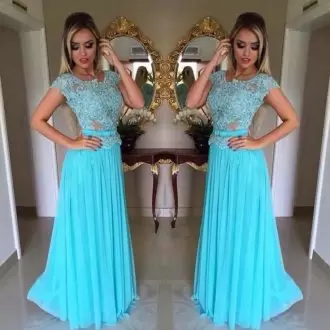Extravagant Floor Length Lace Up Dress for Prom Blue for Prom and Party with Lace and Belt