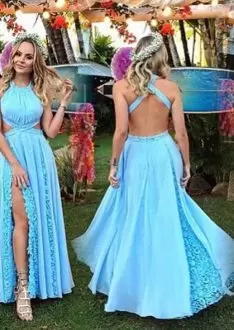 Halter Top Sleeveless Backless Lace Prom Dresses in Blue