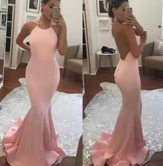 Top Selling Pink Mermaid Ruching Prom Party Dress Backless Sleeveless Floor Length