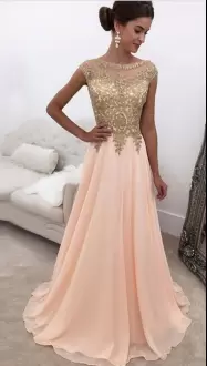 Dazzling White and Pink and Peach Satin and Chiffon Lace Up Homecoming Party Dress Sleeveless Floor Length Sweep Train Beading and Lace