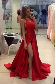 Custom Fit Red A-line Ruching Evening Dress Satin Sleeveless Floor Length