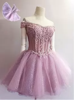 Extravagant Pink Off The Shoulder Neckline Lace Prom Gown Sleeveless Lace Up
