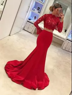 Exceptional Satin High-neck Long Sleeves Lace Up Lace Prom Gown in Red