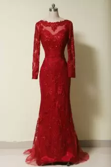 Red and Wine Red Long Sleeves Floor Length Beading and Lace Lace Up Prom Evening Gown Sweetheart