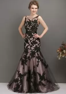 Affordable Black and Pink And Black Mermaid Scoop Sleeveless Tulle Floor Length Zipper Lace and Appliques