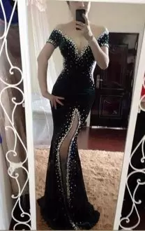 Popular Mermaid Short Sleeves Black Prom Homecoming Dress Brush Train Lace Up