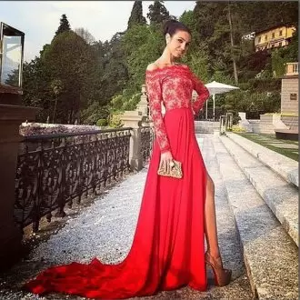 Simple Red Long Sleeves Chiffon Brush Train Lace Up Prom Evening Gown for Prom and Party