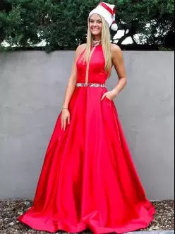 Red Satin Christmas Themed High-neck Cutout Prom Dress with Pockets