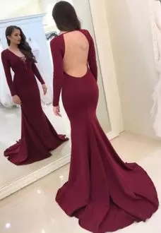 Burgundy Dress for Prom Prom and Party and Wedding Party with Beading and Lace V-neck Long Sleeves Sweep Train Backless
