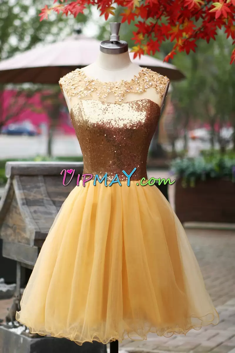 Eye-catching Mini Length Yellow Prom Gown Tulle and Sequined Sleeveless Appliques and Sequins
