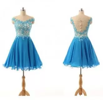 Mini Length Blue Prom Gown Chiffon Sleeveless Beading and Appliques and Ruching