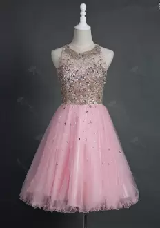 Super Beading Hoco Dress Pink Zipper Sleeveless Floor Length