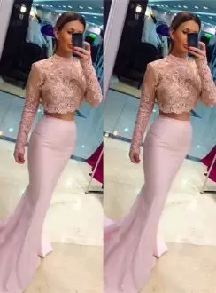 Excellent Pink Long Sleeves Sweep Train Lace Up Prom Dress for Prom and Party