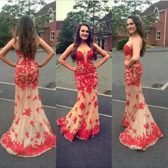 Unique Multi-color Mermaid Lace Sweetheart Sleeveless Lace and Appliques Lace Up Prom Dress Sweep Train