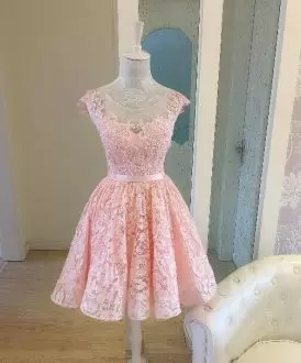 A-line Junior Homecoming Dress Pink Scoop Lace Short Sleeves High Low Lace Up