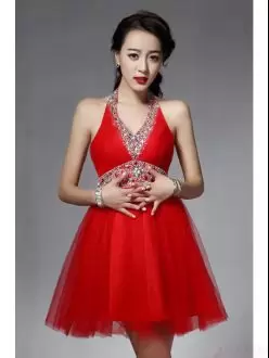 Enchanting Mini Length Red Homecoming Party Dress Halter Top Sleeveless