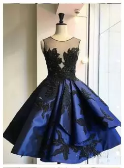 Dazzling Knee Length Royal Blue Dress for Prom Satin Sleeveless Beading and Appliques