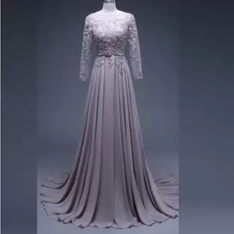 Spectacular Grey Chiffon Lace Up Prom Gown Long Sleeves Sweep Train Lace