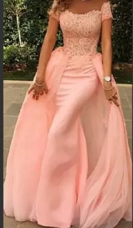 Fantastic Floor Length Pink and Peach Evening Dress Organza Short Sleeves Lace