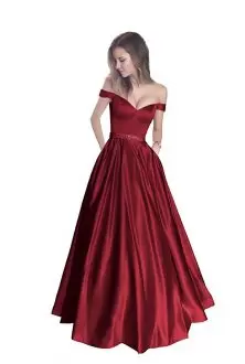 Charming Floor Length Burgundy Prom Dresses Off The Shoulder Sleeveless Lace Up