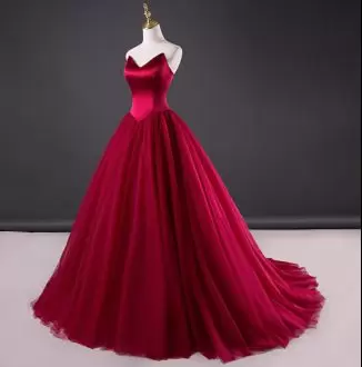 Burgundy V-neck Lace Up Ruching Prom Gown Sweep Train Sleeveless
