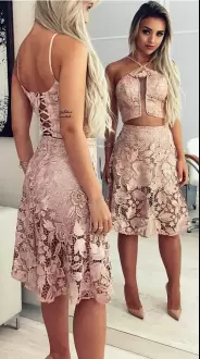 Affordable Pink Homecoming Dress Online Prom and Party with Lace Halter Top Sleeveless Lace Up