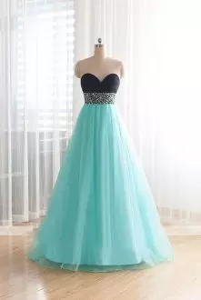Sleeveless Floor Length Beading and Sequins Lace Up Prom Dress with Blue
