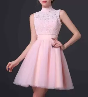 Pink Backless High-neck Ruching Tulle Sleeveless Prom Dress