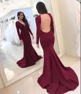 Super Red and Burgundy Satin Lace Up Sweetheart Long Sleeves Floor Length Homecoming Gowns Sweep Train Beading and Lace