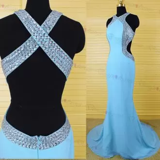 Colorful Aqua Blue Prom Dresses Halter Top Sleeveless Sweep Train Backless